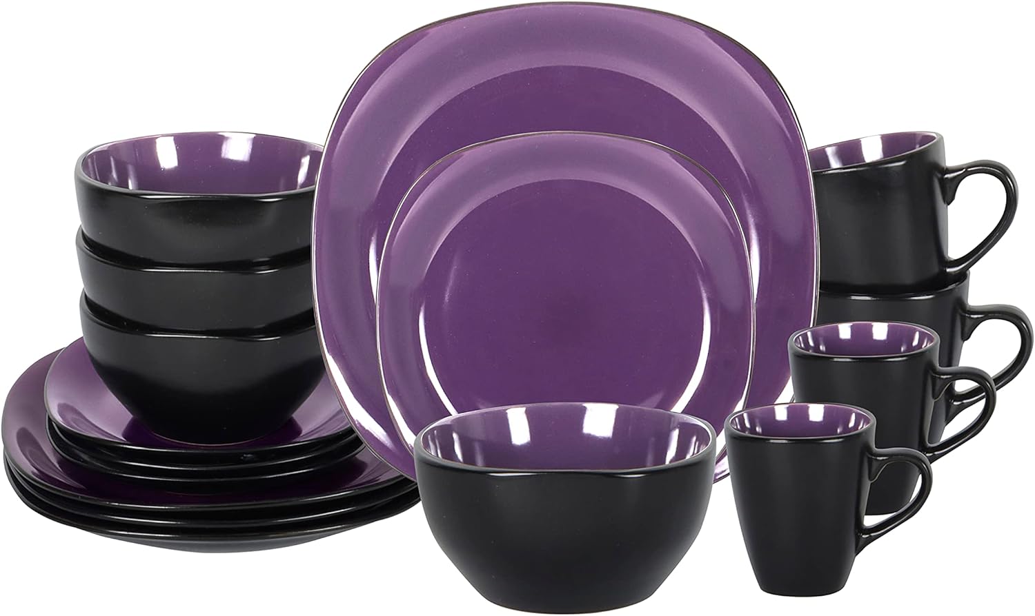 Stoneware Square 16pc Dinnerware Set in Shiny Purple & Matte Black