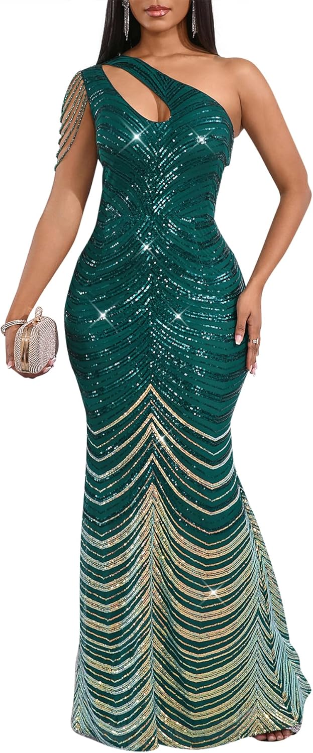 Cololura Women Sequin Elegant One Shoulder Mermaid Dress