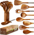 10PCS Wooden Spoons for Cooking with Stainless Steel Handles