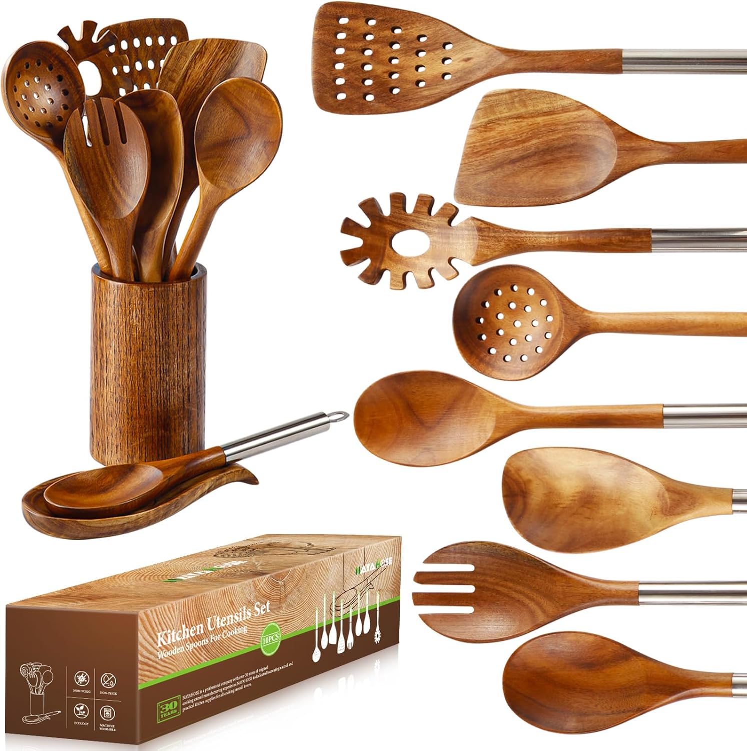 10PCS Wooden Spoons for Cooking with Stainless Steel Handles