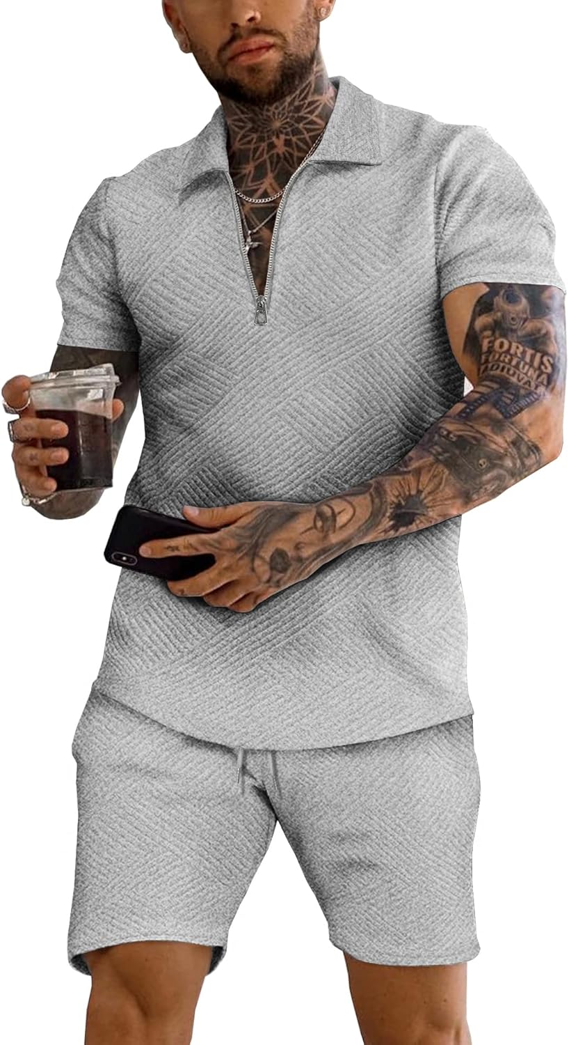 URRU Men's Polo Shirt and Shorts Set for Summer Casual Style