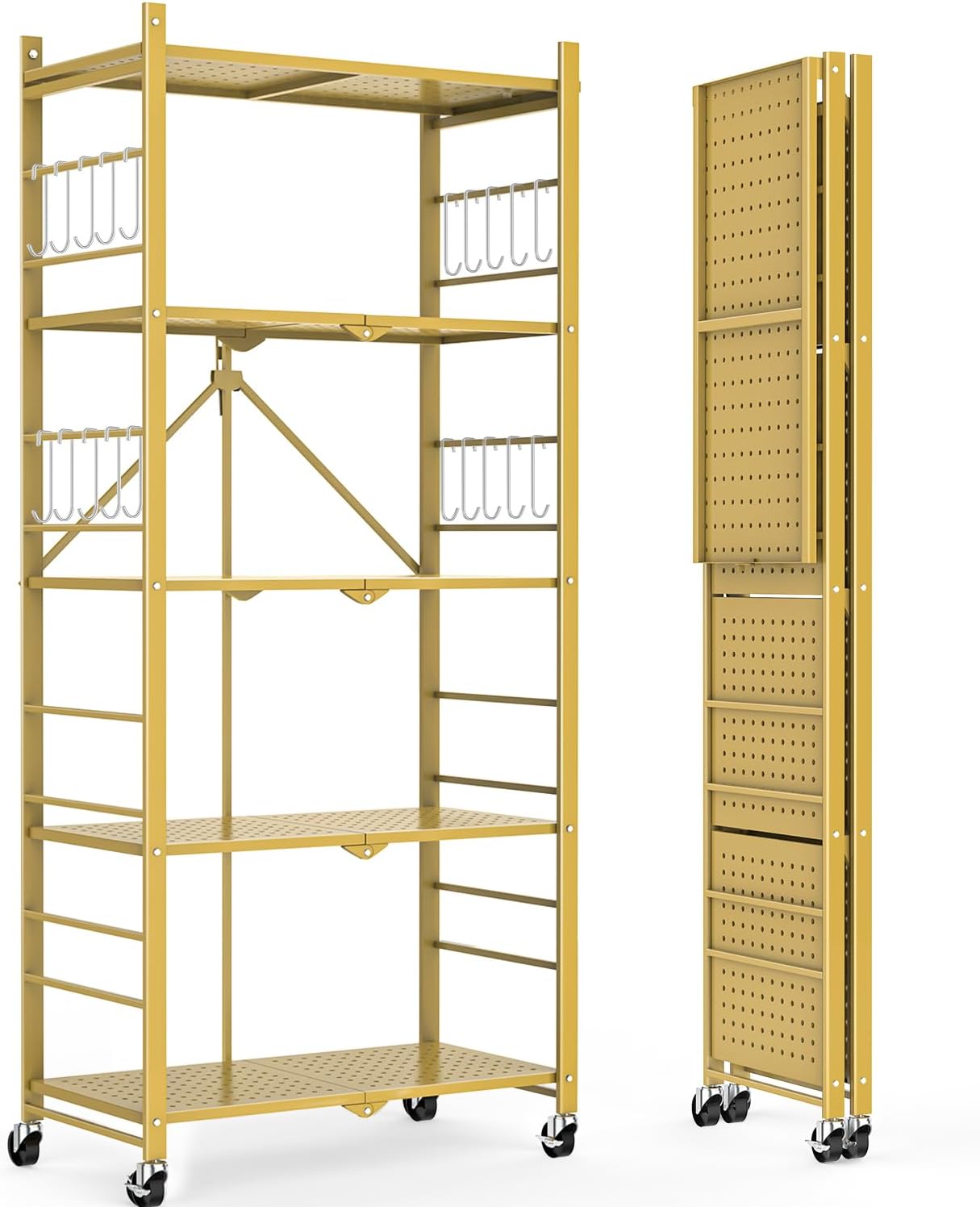 5-Tier Foldable Storage Shelves with 20 Hooks and Wheels