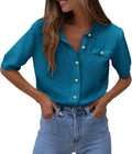 Womens Summer Button Down Ribbed Knit Blouse - Lightweight Comfort