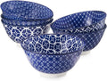 DOWAN Set of 6 Large Ceramic Bowls - Perfect for Ramen, Pasta, Salad - Vintage Blue Porcelain - Dishwasher Safe