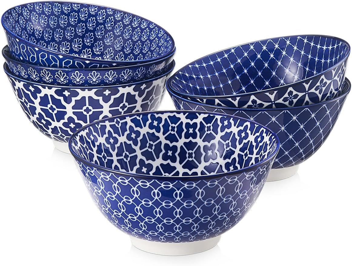 DOWAN 33 OZ Large Bowls Set of 6 - Vintage Blue Ceramic Bowls