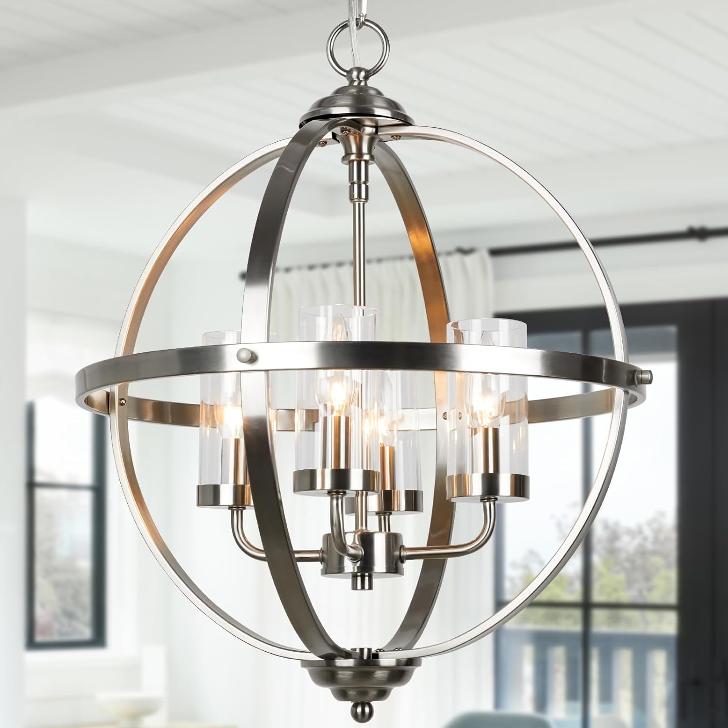 Modern Farmhouse 4-Light Globe Orb Chandelier in Brushed Nickel
