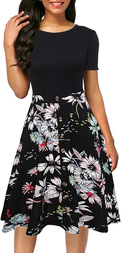 Berydress Women's Short Sleeve Colorblock Button Down Sundress