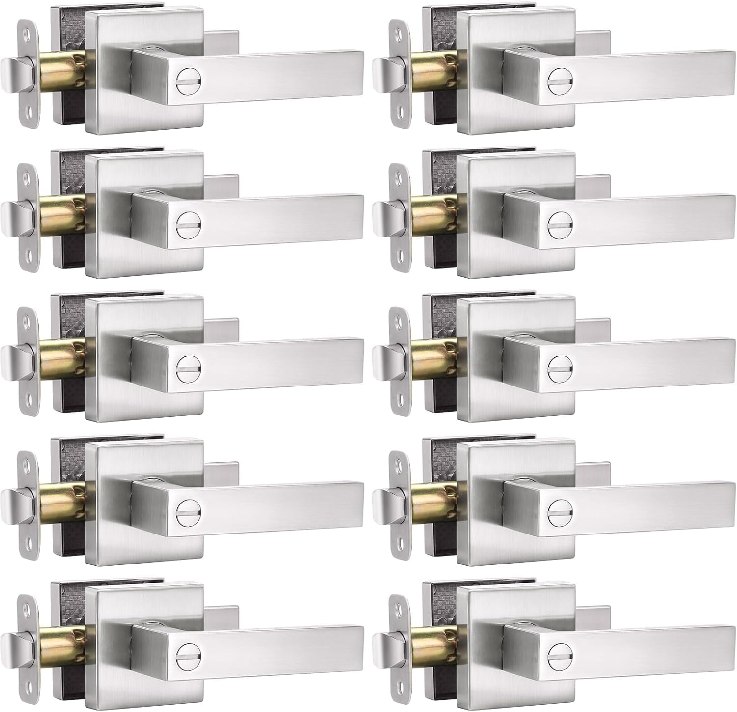 10 Pack Square Door Lever Privacy Lock Handleset in Satin Nickel