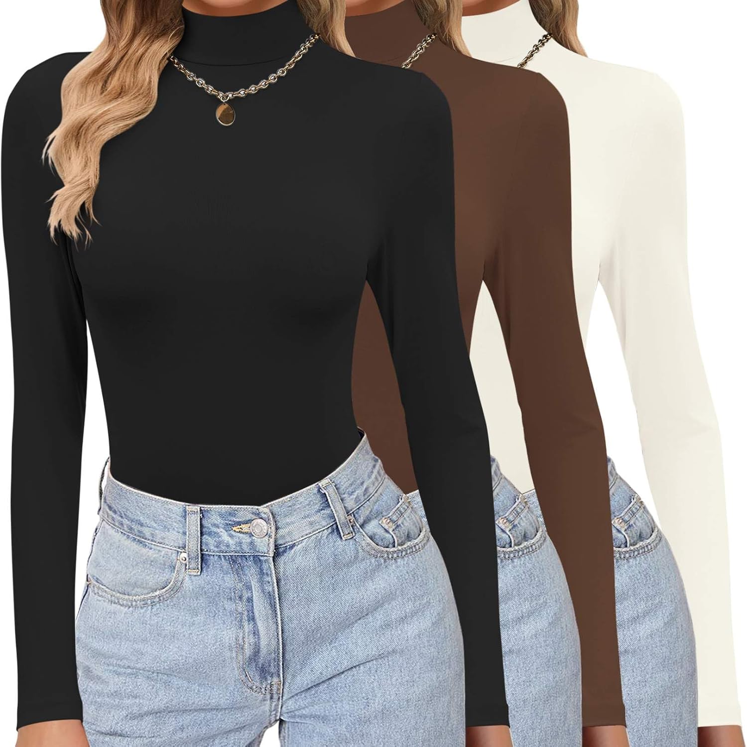 Ekouaer Women's Turtleneck Shirts 3 Pack Long Sleeve Tops