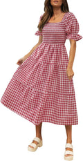 Bohemian Plaid Square Neck Puff Sleeve Midi Dress - Flowy Summer Fit