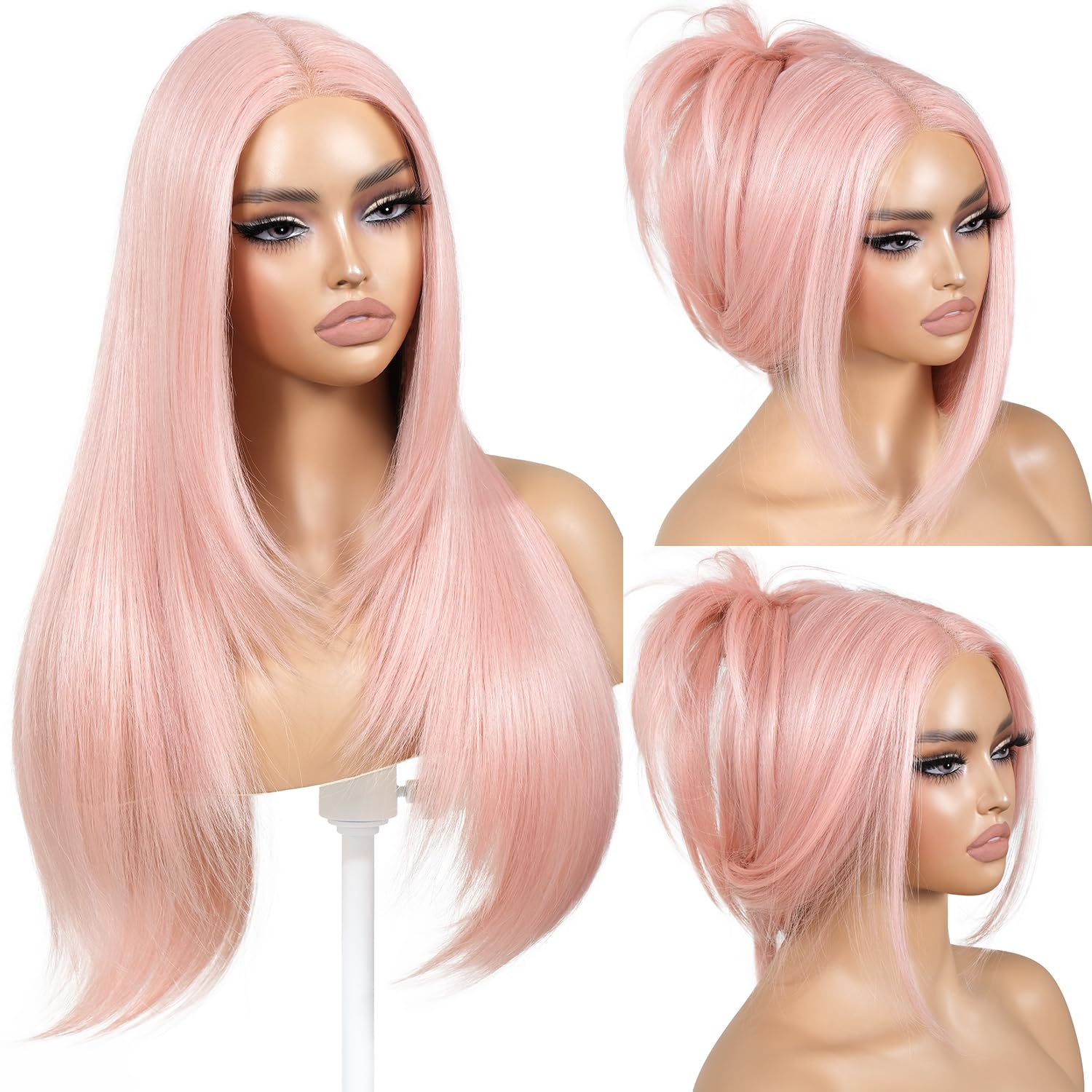 Light Pink Wear and Go Glueless Wig with Bangs for Women
