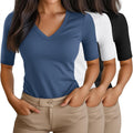 Ficerd 3 Pack Women's Half Sleeve V Neck T Shirts - Slim Fit Comfort