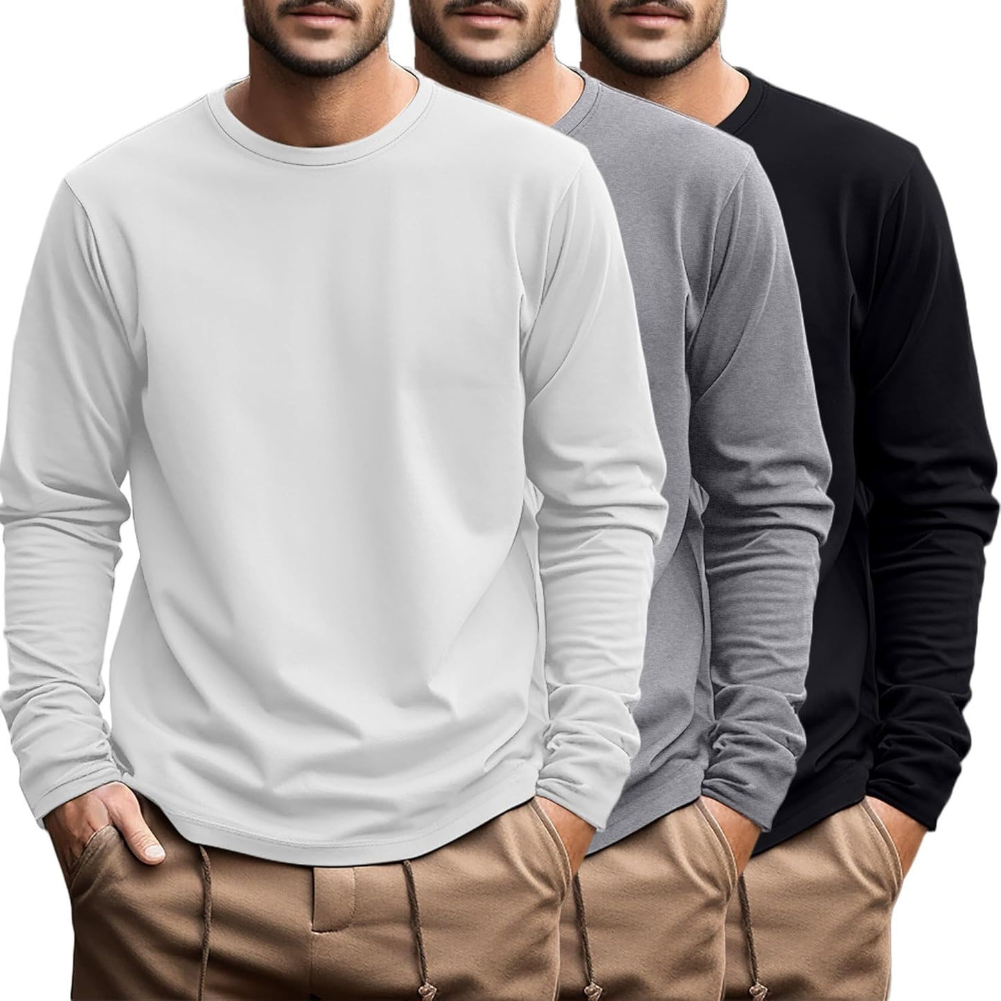 Ficerd Men's Big and Tall Long Sleeve Cotton Tee 3 Pack