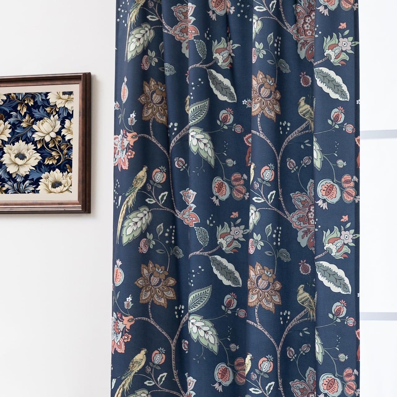 Navy Blue Vintage Floral Patterned Curtains for Living Room