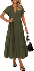 KIRUNDO Summer Maxi Dresses for Women - Flowy Tiered V Neck