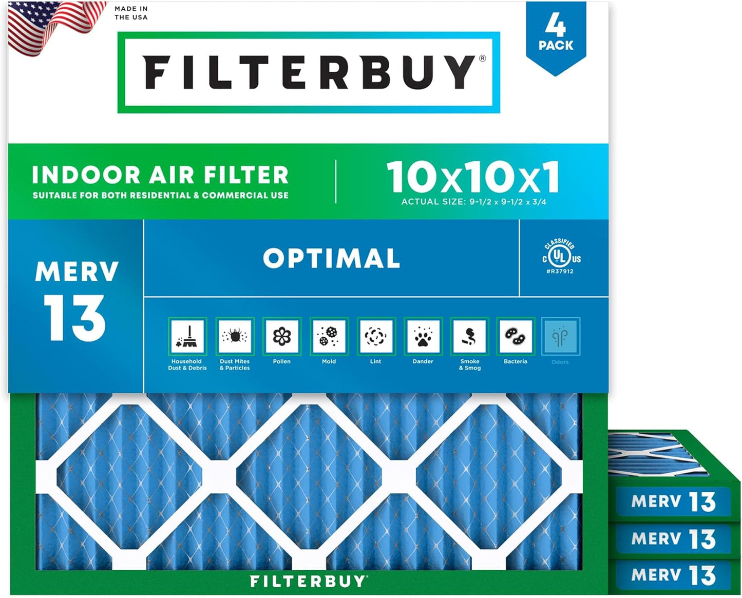 Filterbuy 10x10x1 Air Filter MERV 13 for Smoke & Allergy Defense