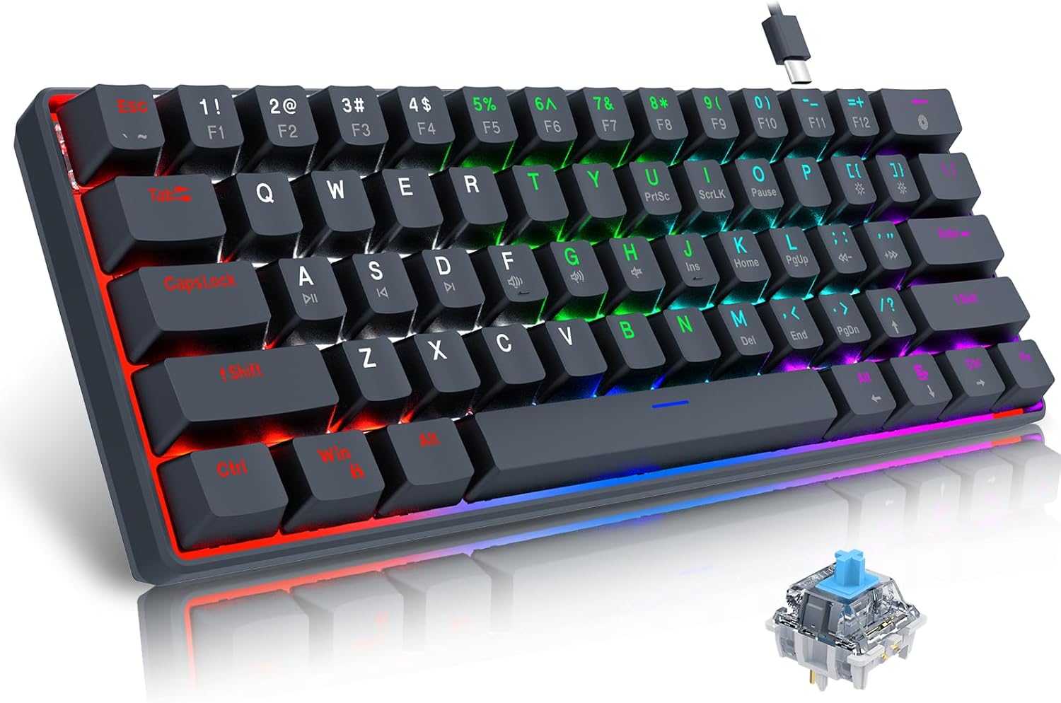 Compact 61-Key Gaming Keyboard, RGB Backlit - Blue Switch