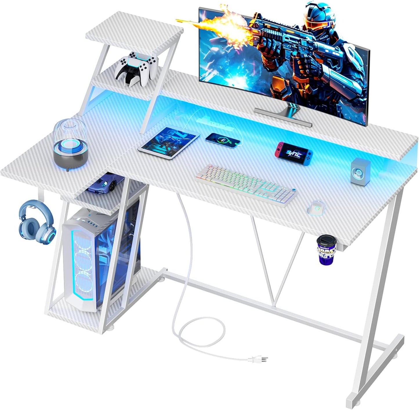47 Inch L Shaped Gaming Desk with LED Lights & Power Outlet