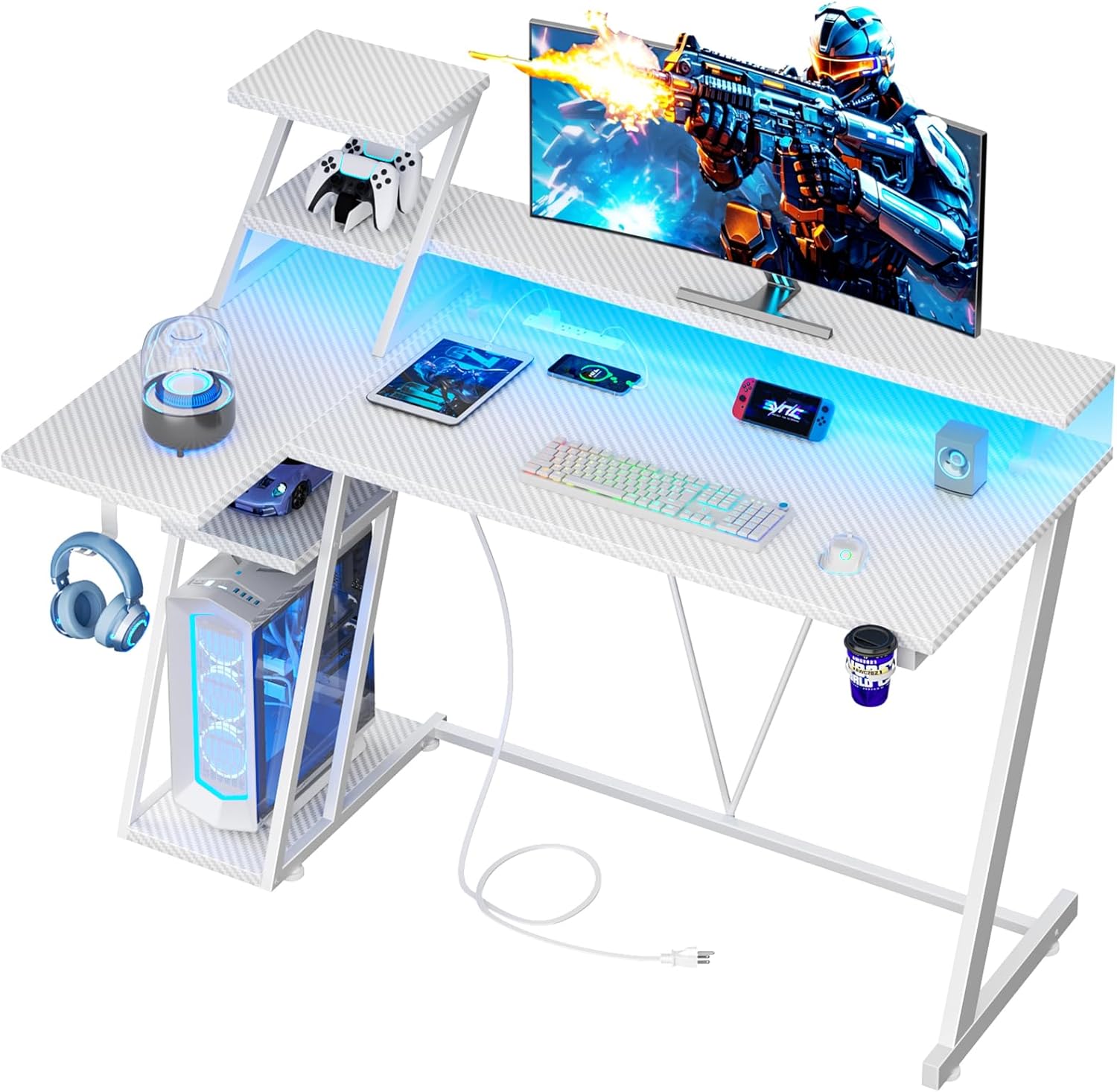47 Inch L Shaped Gaming Desk with LED Lights & Power Outlet