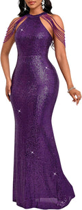 Sequin Tassel Off Shoulder Halter Bodycon Maxi Dress