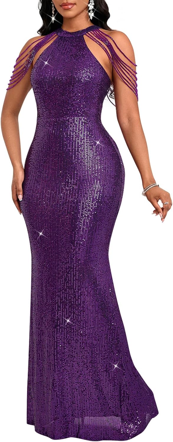 Cololura Women Sexy Elegant Sequin Tassel Off Shoulder Dress