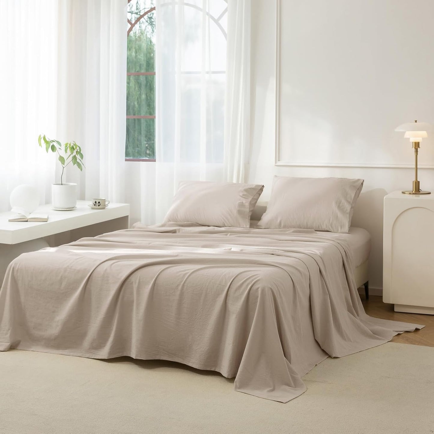 JIYUAN 100% Washed Cotton Sheet Set for King Size Bedding