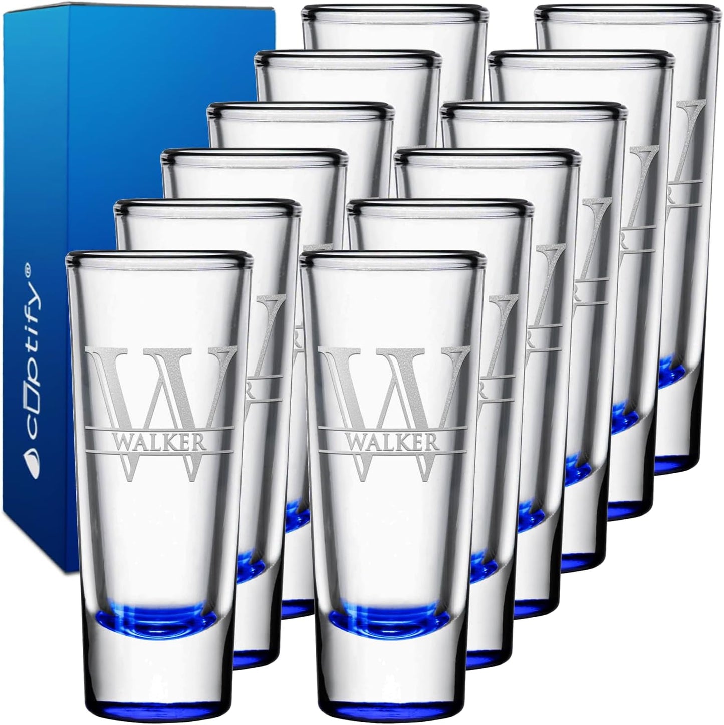 Personalized Shot Glasses Set of 12 with Elegant Blue Bottom