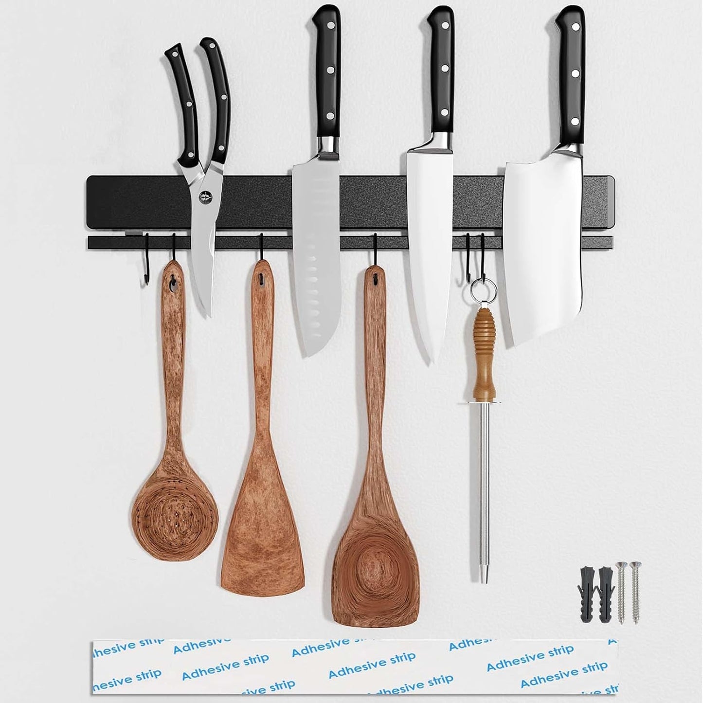 12 Inch Magnetic Knife Holder for Wall with 6 Hooks and Power