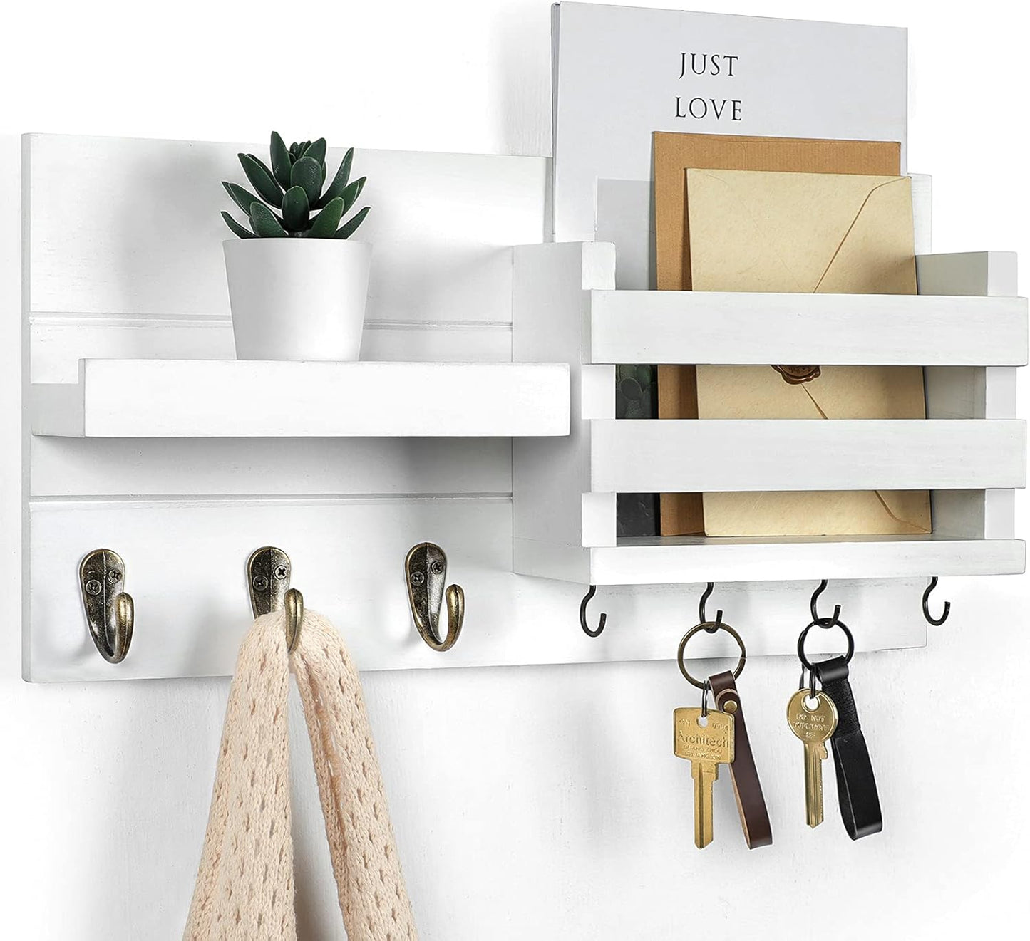 Mail Organizer for Wall Mount with Shelf and Hooks for Coats