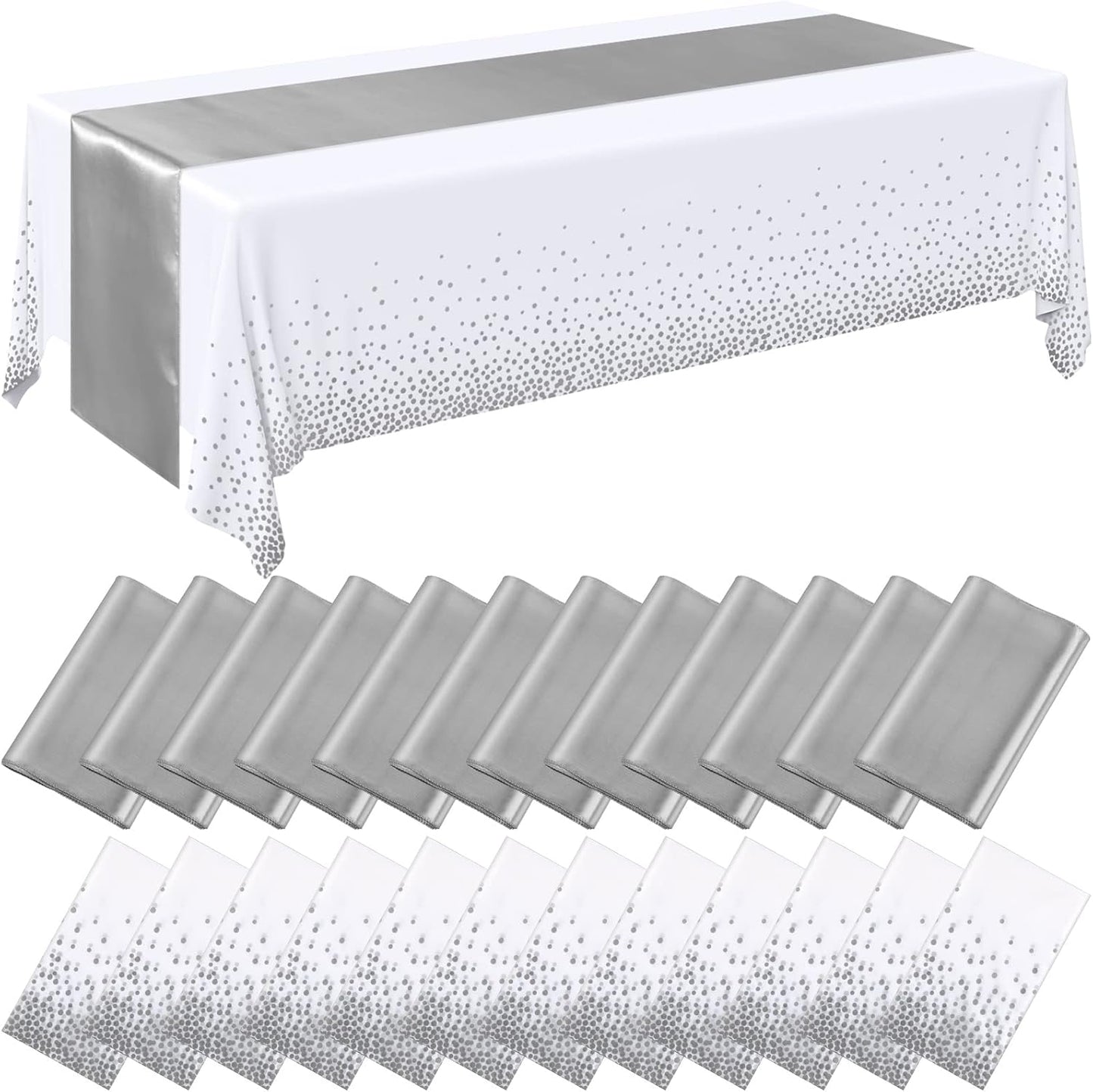 Elegant 24 Packs White and Silver Disposable Tablecloth Set