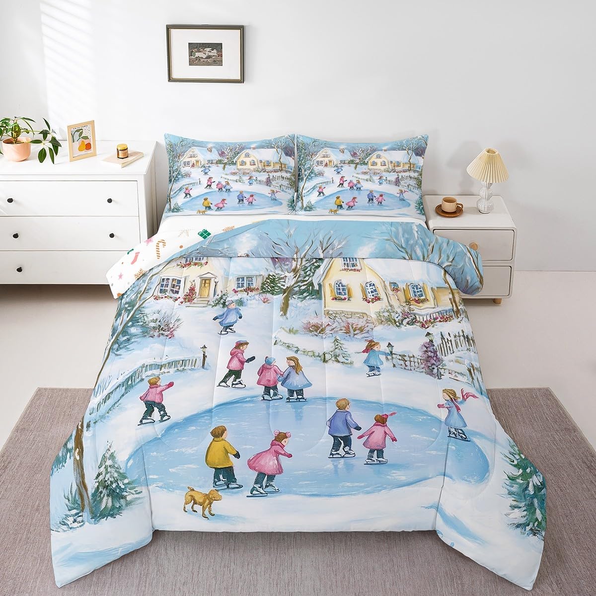 Winter Ski Queen Comforter Set - Cozy Xmas Gift!