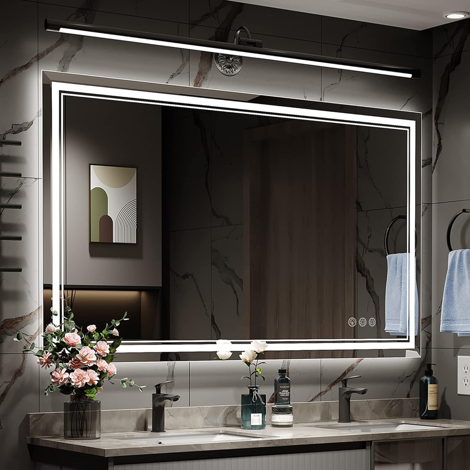 48x32 Inch LED Bathroom Mirror with Anti-Fog and Dimmable Lights