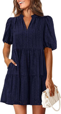 Eyelet Summer Dress for Women Mini V Neck Shift with Pockets