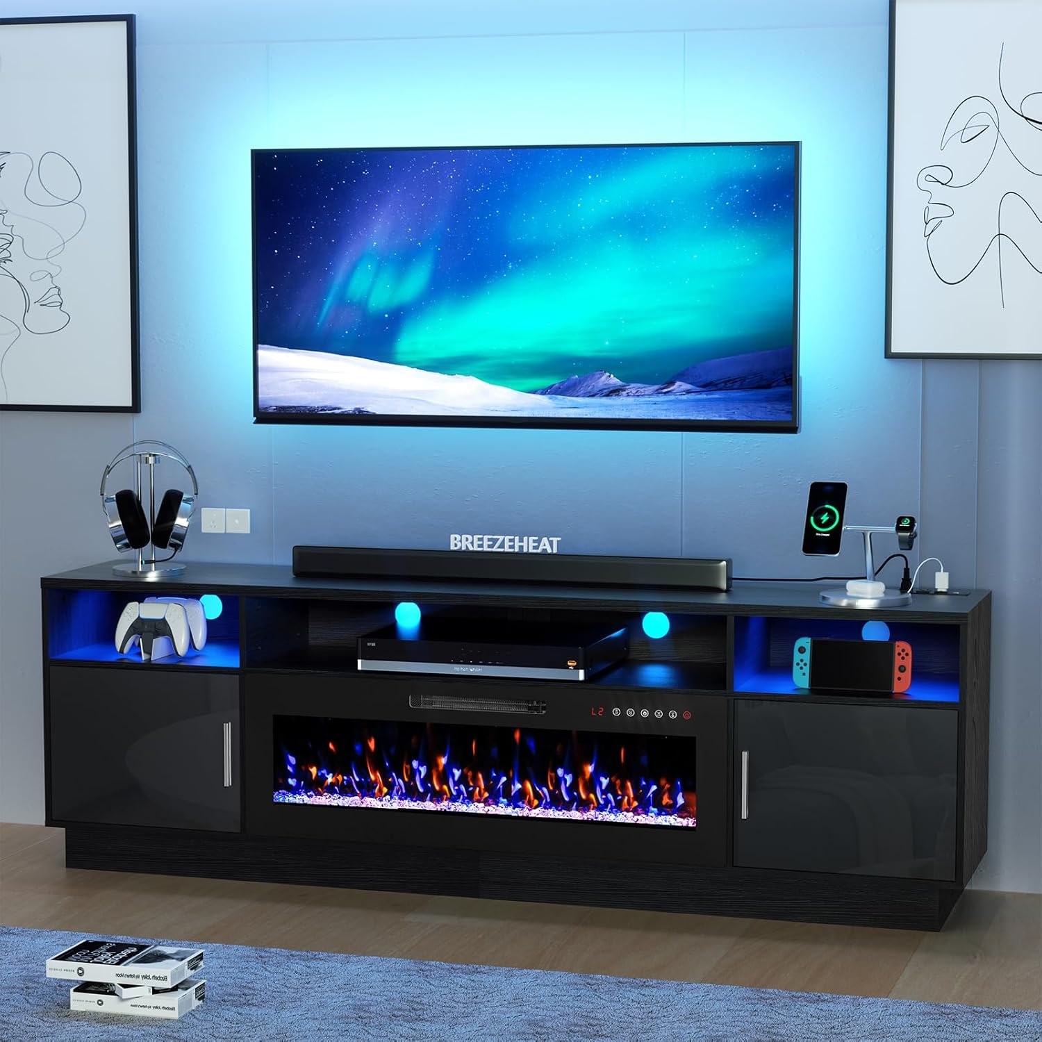 BREEZEHEAT 80 Electric Fireplace TV Stand - Modern Storage Console