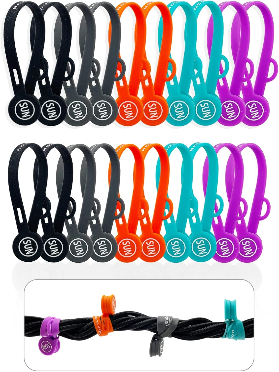 SUNFICON 2023 Magnetic Cable Organizers - 20PCS Multi-Color Cord Straps