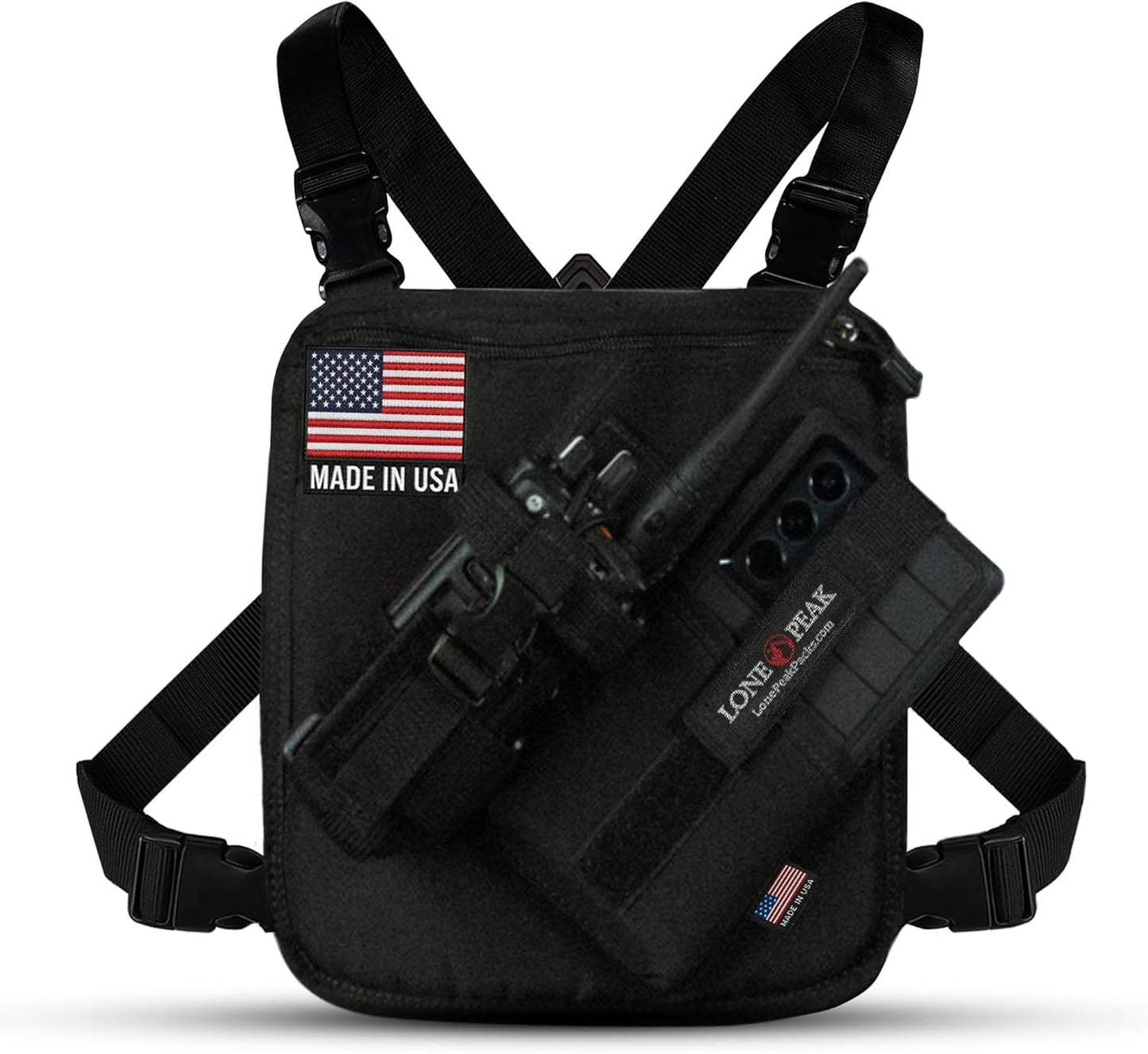 Lone Peak Black Padded Radio Chest Harness for Outdoor Use