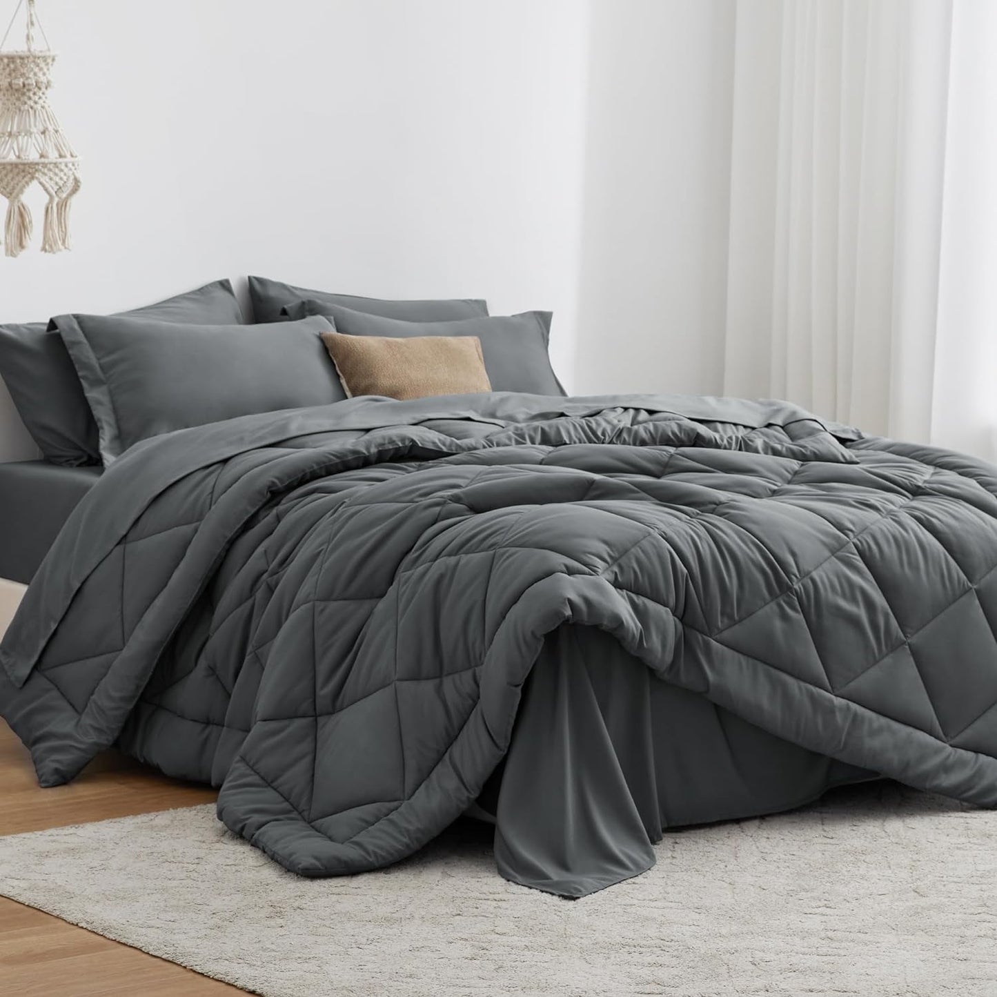 Oversized Queen Comforter Set in Dark Grey - 7 Piece Bedding
