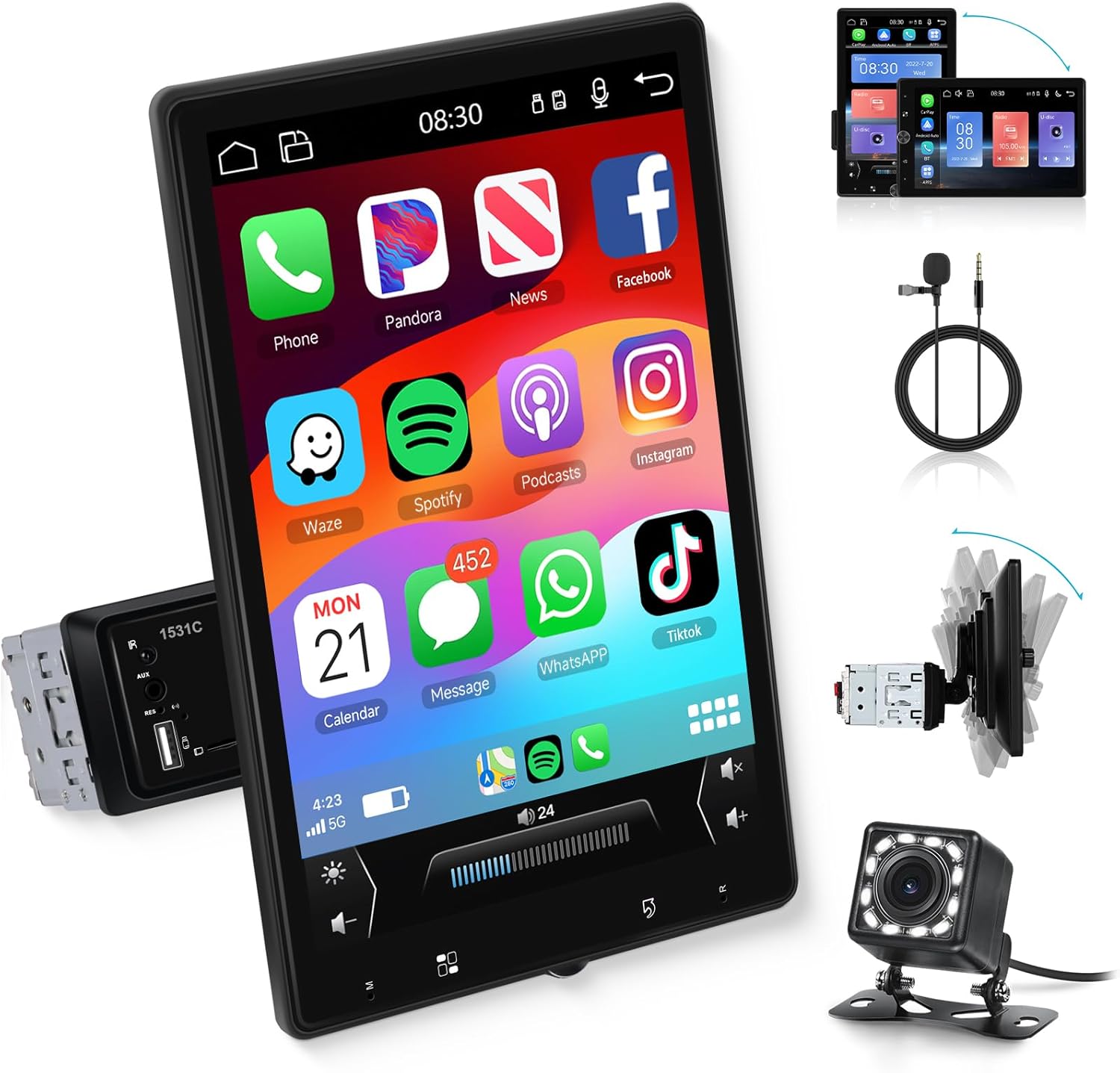 10.4-Inch Single Din Touchscreen Car Stereo with Wireless Carplay