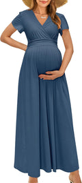 OUGES Maternity Maxi Dress Wrap V Neck - Flattering, Comfortable Fit