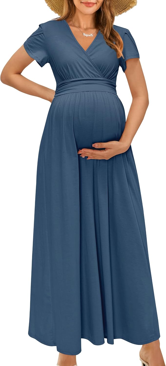 OUGES Maternity Maxi Dress Wrap V Neck for Baby Shower Events