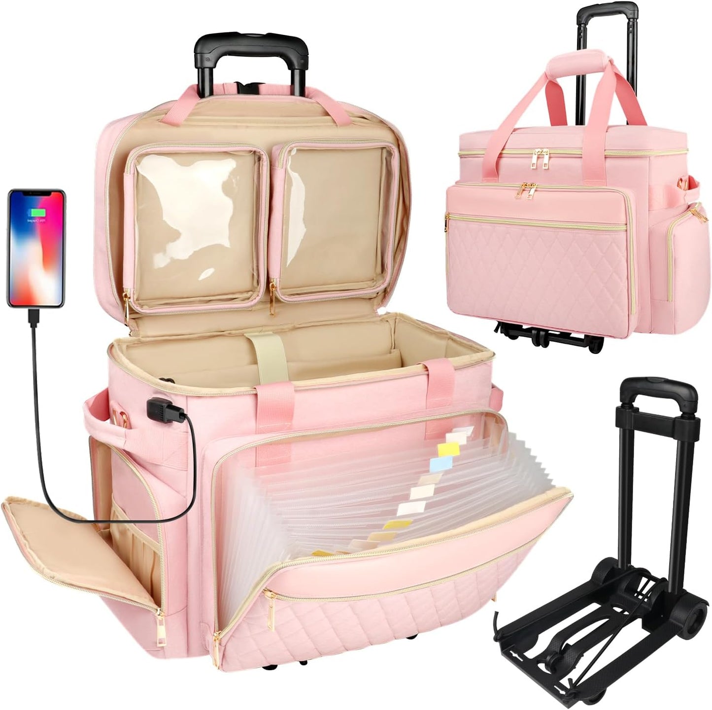 Rolling Teacher Bag with Accordion File Organizer and USB Port