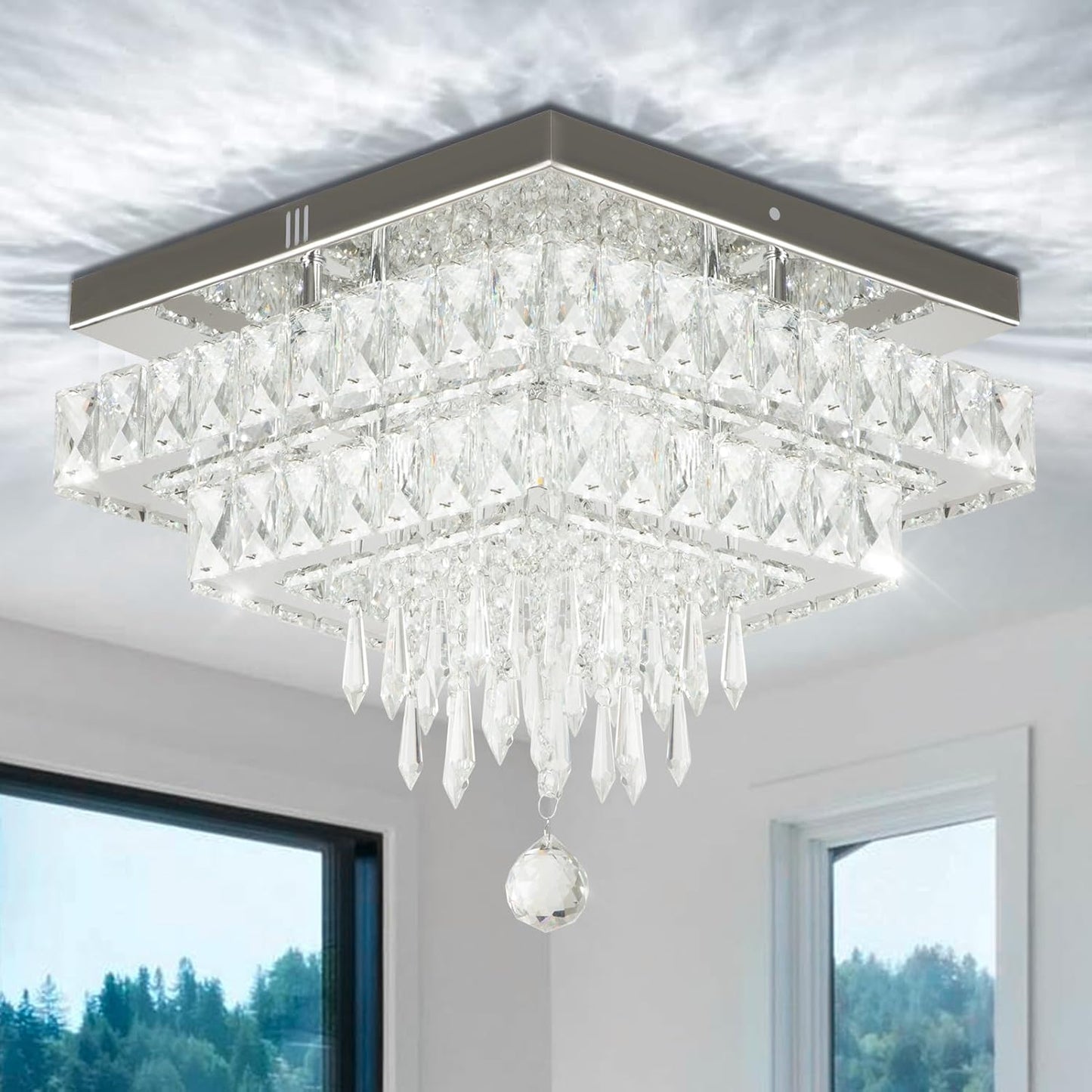 Modern 13ft' Square Crystal LED Ceiling Light for Home Decor