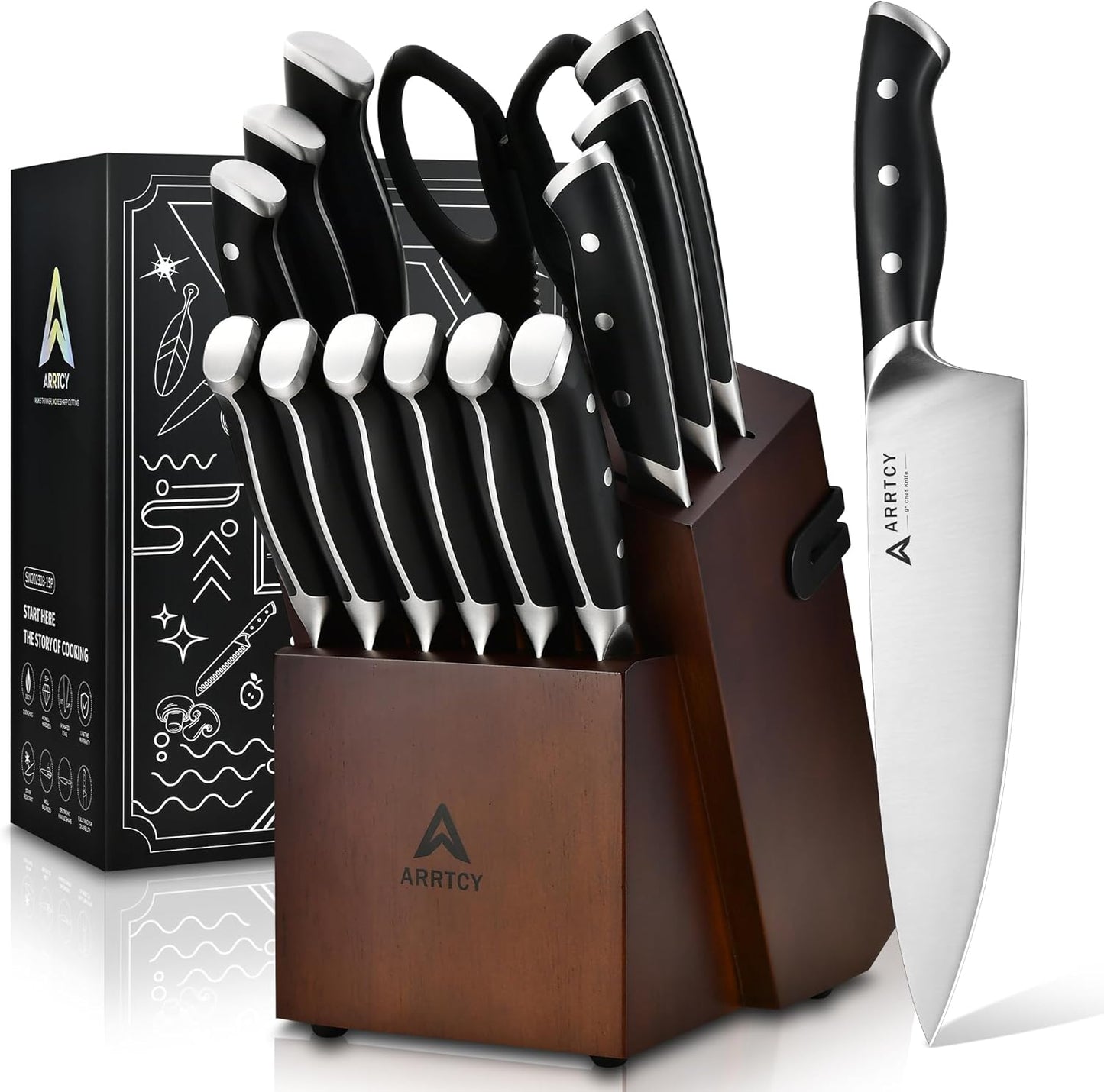 High Carbon Stainless Steel Knife Set with Block for Chefs