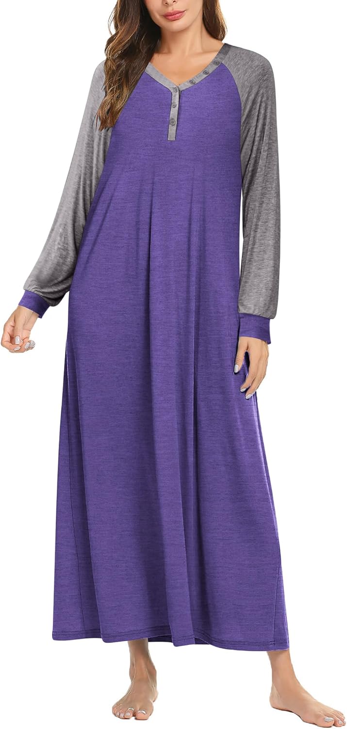 Ekouaer Nightgown Long Sleeve V Neck Loungewear for Comfort