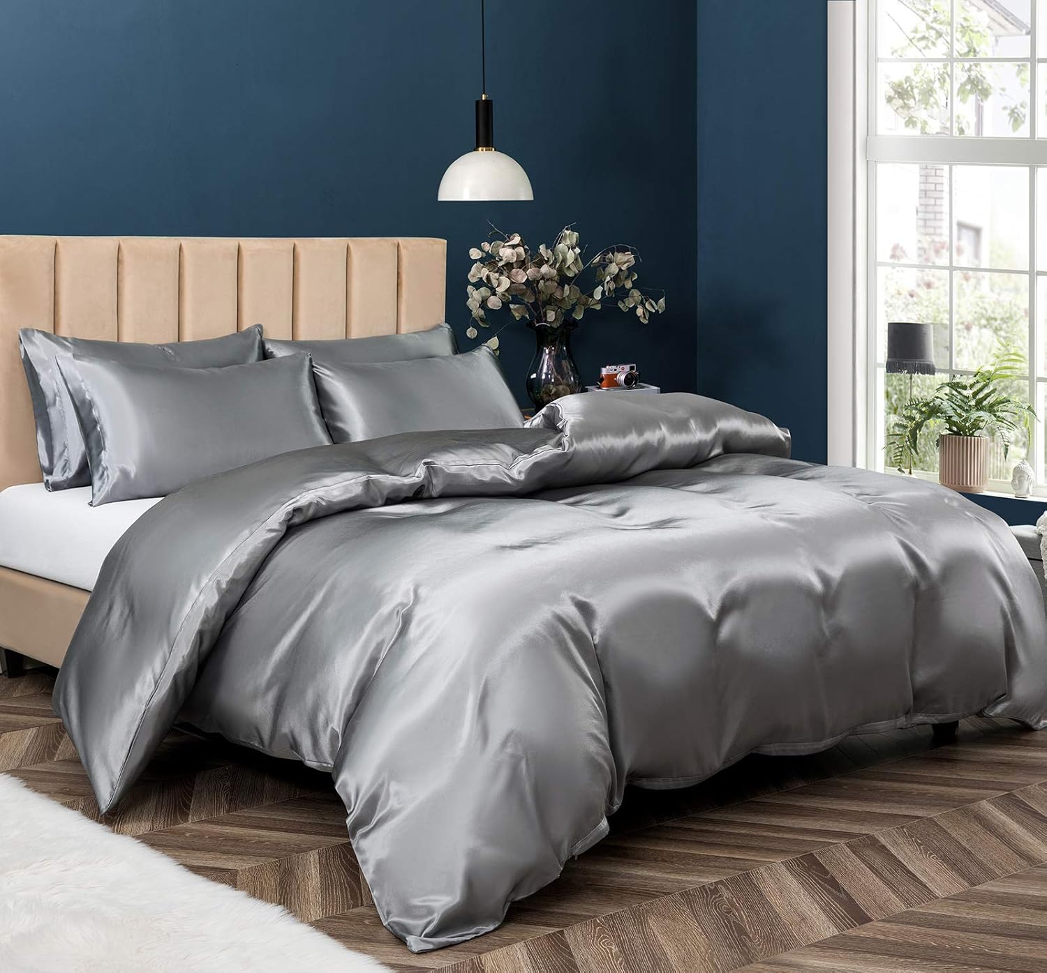 Luxury Satin Duvet Cover Set in Grey - 5 Pieces King Size