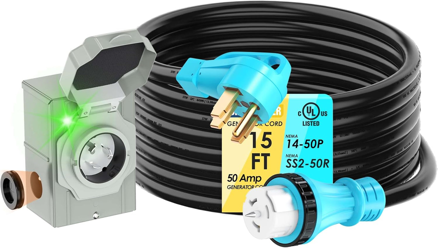 50 Amp Generator Cord and Inlet Box Combo Kit for Safe Power