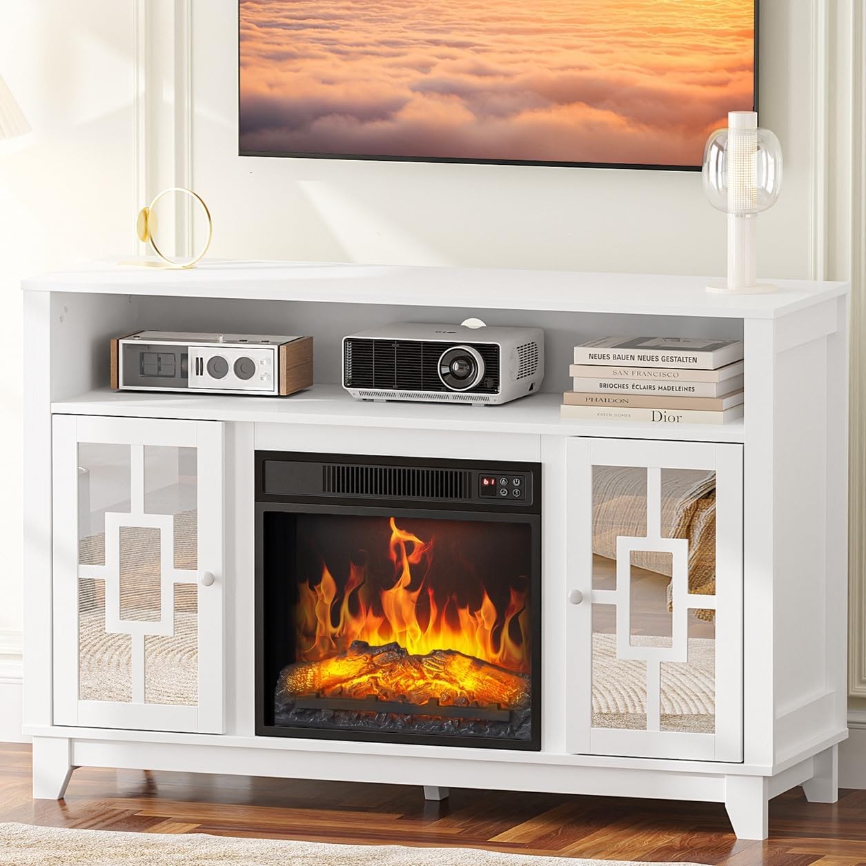 Modern White TV Stand with Electric Fireplace