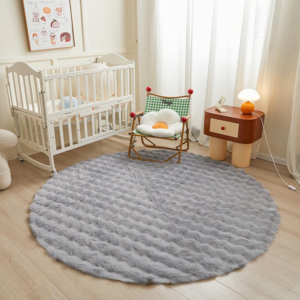 Gray Round Rabbit Plush Rug for Bedroom and Living Room Decor