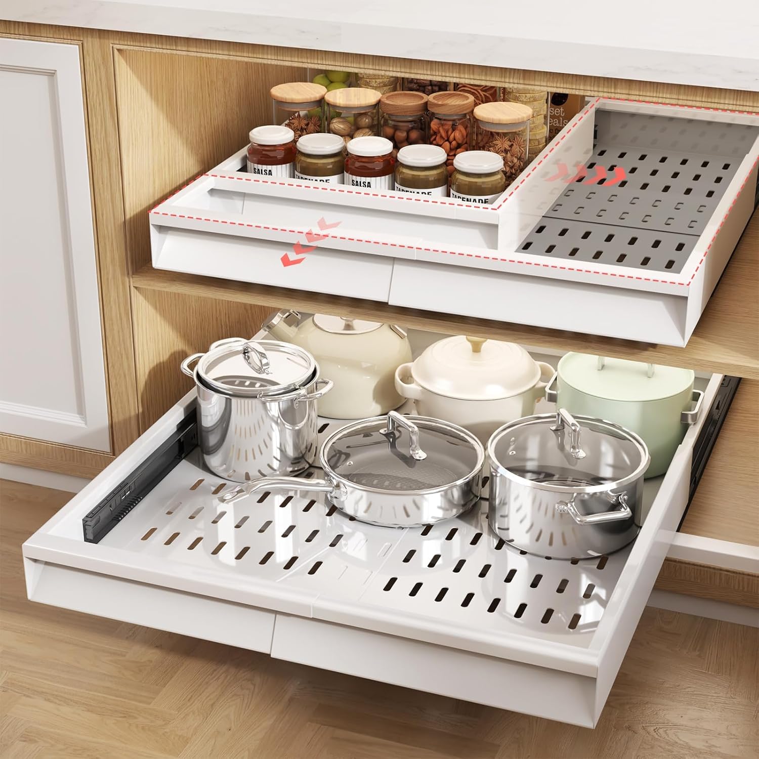 Pull Out Cabinet Organizer with Adjustable Width and Depth