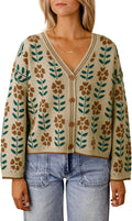 Womens Floral V Neck Cardigan Open Front Button Down Knit Top